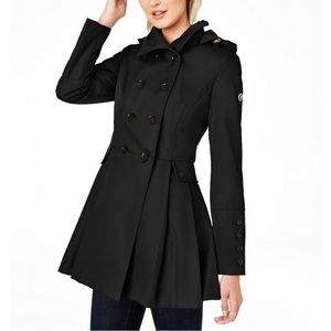 Detachable hooded trench skirted raincoat